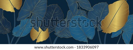 Luxury gold and nature blue background vector. Floral pattern, Golden split-leaf Philodendron plant with monstera plant line arts, Vector illustration.