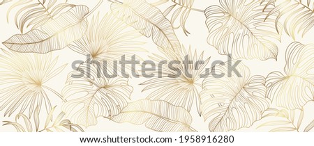 Luxury gold tropical leaves background vector. Wallpaper design with golden line art texture from palm leaves, Jungle leaves, monstera leaf, exotic botanical floral pattern.