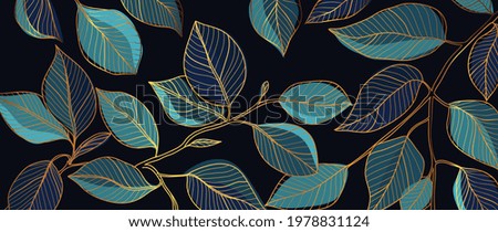 Golden leaves line art background vector. luxury gold abstract wallpaper with blue and tidewater green color. Design for prints, Home decoration, fabric and cover design. vector illustration.