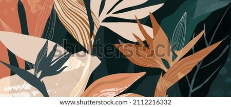 Tropical foliage art background vector.Digital print design with palm, floral and leaves with watercolor brush texture. Canvas art for wallpaper, wall arts, prints, fabric, pattern and packaging. Photo stock © 