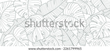 Tropical leaf line art wallpaper background vector. Natural monstera and banana leaves pattern design in minimalist linear contour simple style. Design for fabric, print, cover, banner, decoration.