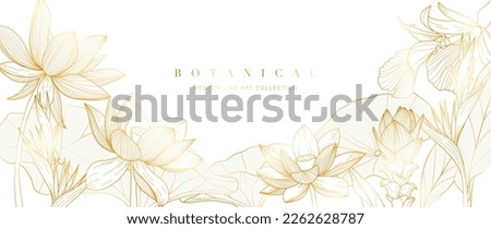 Luxury tropical flower golden line art wallpaper. Elegant botanical lotus and exotic wildflowers background. Delicate design for decorative, wedding card, home decor, packaging, print, cover, banner.