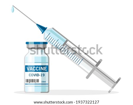 Bottle and syringe with blue vaccine injection from covid-19 virus isolated vector illustration.Time to vaccinate.Stop pandemic coronavirus.Healthcare.Antiviral medical concept for web design.