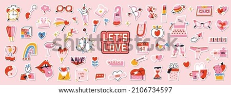 Set of cute vector love stickers for daily planner and diary. Collection of scrapbooking design elements for valentines day: heart, holiday gift, ice cream. Romantic doodle vector icons pack.