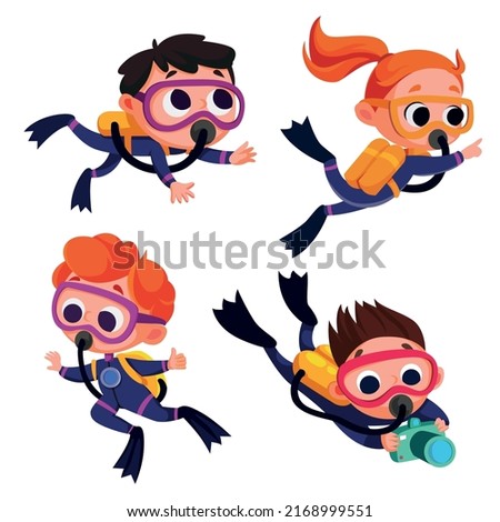 Scuba diver girl and boy Vector illustration in cartoon style