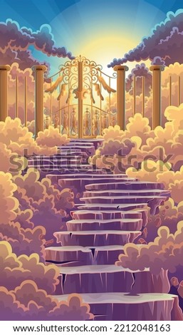 illustration of majestic heavenly gate surrounded by clouds and stairs leading to heavenly city entrance on twilight light background