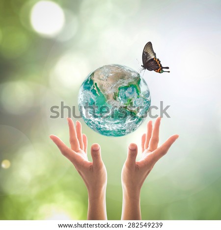 Green planet with butterfly over human hands  in blurred green bokeh background of natural tree leaves  facing sun flare : World environment day concept: Elements of this image furnished by NASA