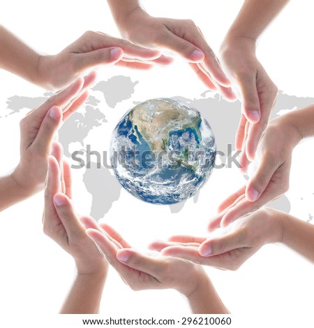 Circle of people left hands group on white background with globe world map: Conceptual symbol of human hands surrounding the globe with world map background: Elements of this image furnished by NASA