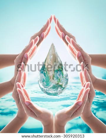 Human hands grouped in aqua droplet shape around green globe in water drop form on blurred cyan turquoise blue wavy water background: Saving water concept: Elements of this image furnished by NASA
