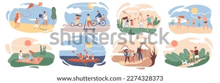Active family outdoors. Young family play beach volleyball, tennis, kayaking, walking the dogs, relaxing on a picnic. Family tourism, summer outdoor recreation.