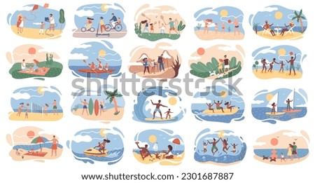 Active family outdoors. Young family play beach volleyball, tennis, kayaking, walking the dogs, relaxing on a picnic. Family tourism, summer outdoor recreation. African American family, set.