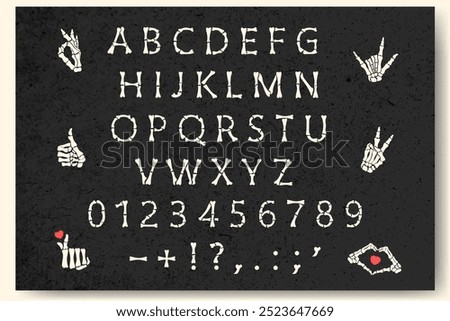 Bone font for Halloween. Vector alphabet made of human bones. Lettering and clipart skeletons.