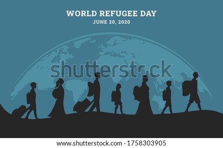 World refugee day background with people as refugee walking seek home in black silhouette. Flat style vector illustration concept of migrant awareness campaign for banner and poster.