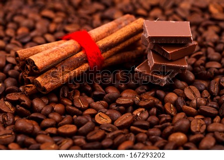 Bunch of cinnamon sticks with heap of chocolate on coffee background