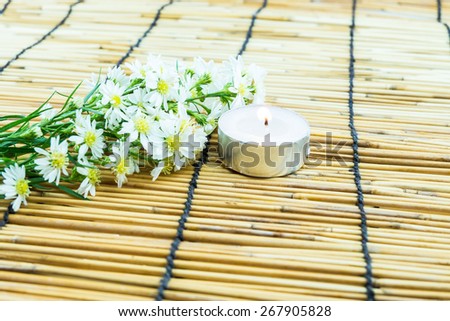 White cutter flower and tea light candle on bamboo background