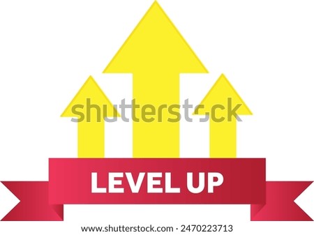 Illustration of top level badge with three arrows and ribbon Concept of career growth, leveling up in the game and in life, progress, achieving goal professionally