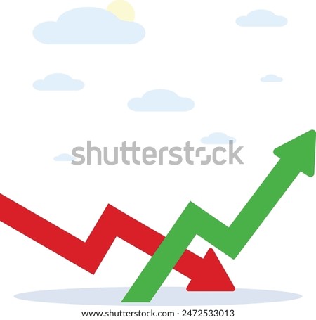 Facing a downturn in the stock market and economic fluctuations. Recovery from the stock market collapse, the green index rising between the clouds and the red index falling