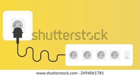 Concept illustration of socket environment. Socket and electrical plugs placed in an electrical outlet. Electrical extension cord. Cable clutter. Professional cable management on yellow background