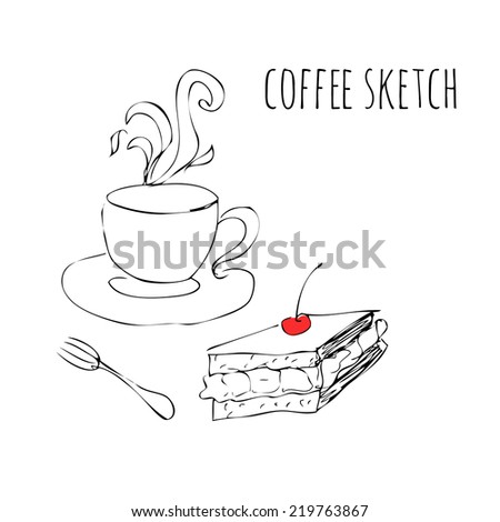 sketch of cup of coffee, cake, fork