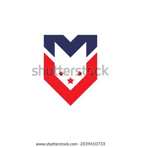 Abstract Initial Letter M. Blue and Red American Flag Shield Military Letter M Logo. Flat Vector Logo Design Template Element.