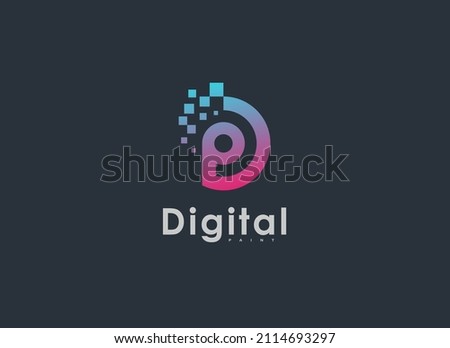 Abstract Initial Letter D and P Logo. Blue and Purple Geometric Shape with Square Pixel Dots isolated on Black Background. Usable for Business and Technology Logos. Flat Vector Logo Design Template