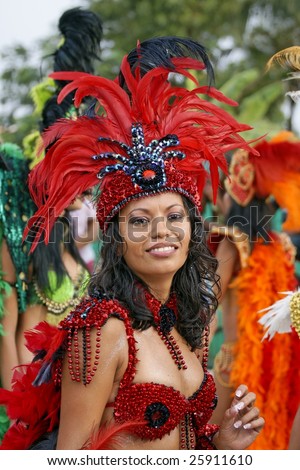 KOUROU, FRENCH GUIANA - FEBRUARY 15: A beautiful Brazilian dancer participated in the main carnival parade February 15, 2009 in Kourou, French Guiana. Almost 60 groups participated this year.