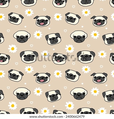 Seamless Pattern of Cartoon Pug Dog Face, Flower and Heart Design on Light Brown Background