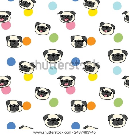 Seamless Pattern of Cartoon Pug Dog Face Design on White Background with Dots