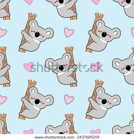 Seamless Pattern with Cute Cartoon Koala Bear and Heart Design on Light Blue Background