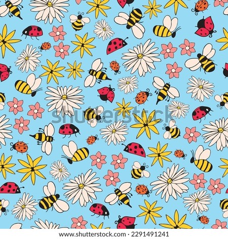 Light blue Ladybugs and Bees seamless pattern background. Summer pattern with flowers and bugs. Doodle bugs pattern.