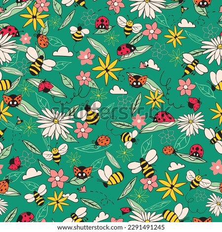 Green Ladybugs and Bees seamless pattern background. Summer pattern with flowers and bugs. Doodle bugs pattern.