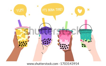 Set of four hands holding colorful bubble tea cups. Sweet boba tea, a popular Taiwanese drink, with speech bubbles above. Elements are isolated.