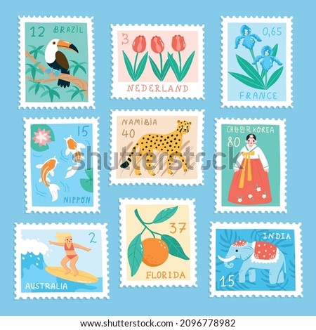 Set of postage stamps of various countries of the world. Hand drawn vector stamps depicting symbols of Japan, Australia, Netherland, etc. Cute cartoon style.