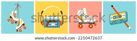 Set of retro items including cassette tapes, portable music player and quad roller skates. Vector illustration of 90s or 80s themed hobbies. Hand drawn elements in colorful vintage style.