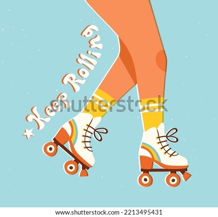 Girl's legs wearing retro roller skates and socks. Vector illustration of a roller skating woman and 