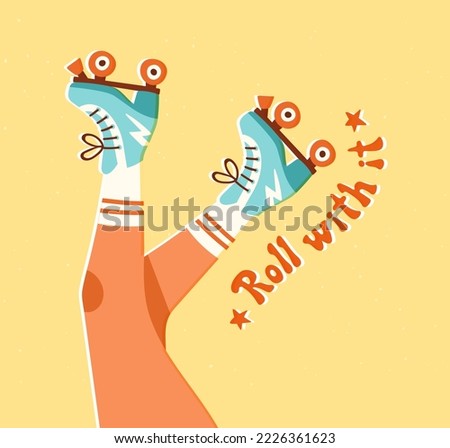 Upside down girl's legs wearing retro roller skates and socks. Vector illustration of a woman enjoying a 70s or 80s style hobby. Roller disco concept.