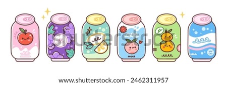 Soda can set. Various fruit flavored soft drinks. Vector illustration of fresh summer beverages in cute colorful style. Isolated elements on white background.