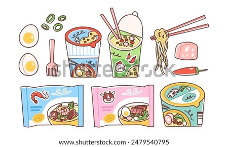 Instant ramen set. Vector illustration of Asian noodles packaging with eggs, green onion, spam and chili pepper that one can add to the dish. Instant noodles packages and cups in cute flat style.