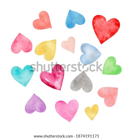 Watercolor drawing of multicolored hearts isolated on a white background. Hand-drawn illustration. Painting for t-shirts, postcards, and prints.