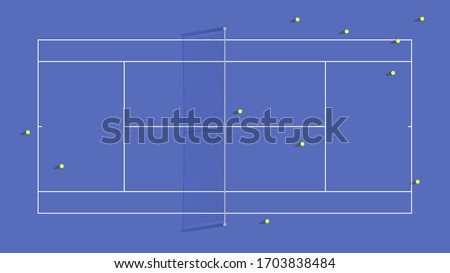 Vector illustration background blue hard real proportions court outdoor with shadows. Balls on tennis shield. Wimbledon, Roland Garros, ATP, WTA, Australian open, US open