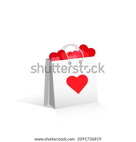 Happy Valentines day. Gift paper bag with hearts.  Love shopping bag on  white background. Vector Illustration.