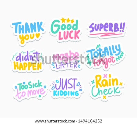 Humorous phrases flat vector stickers set. Thank you, good luck messages, joyful expressions colorful hand written inscriptions. Just kidding, superb exclamation patch isolated on white background
