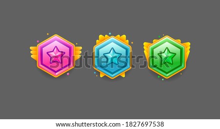 Game rating icons with medals. Level results vector icon design for game, ui, banner, design for app, interface, game development, playing cards, slots and roulette. 1,2,3 place icon