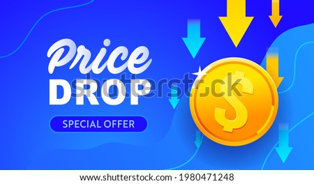 Price drop banner design. Low price poster, cheap vector template. Price drop falling prices and Business downturn, financial debt, banner sale schedule 