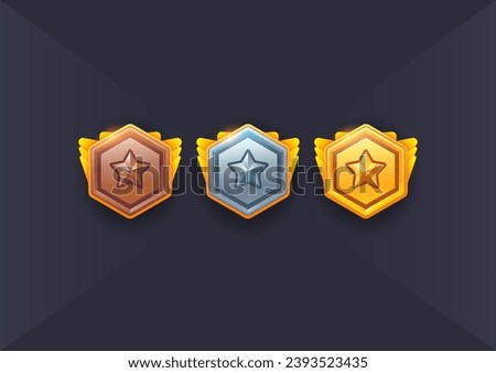 Vector set of games military icon. Military shield badges, game rank insignia. Vector game icons, revard signs, stars, chevron for used in mobile or web game
