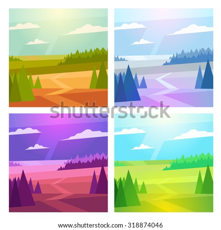 Seasons landscape vector illustrations in flat polygon style.