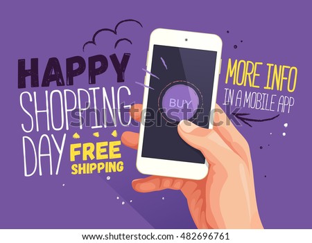 Happy shopping day for mobile app banner. Discount banner design, website sale, poster design for print or web, media, promotional material. Sale and discounts. Free shipping