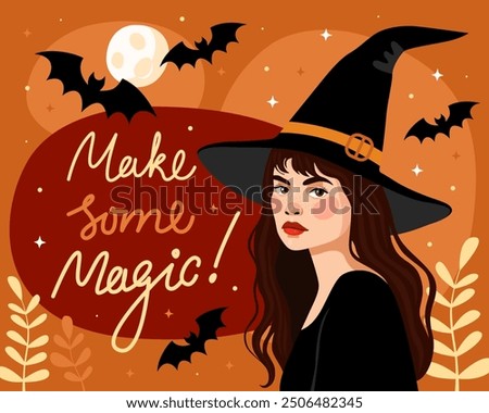 Image, Stock Photo Witch in black dress in dark forest