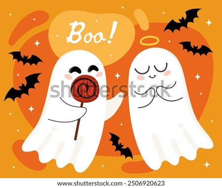 Halloween greeting card. Cute cartoon little ghosts, spirits. Cute ghost couple, cute ghosts with candy and angel ghost, bats, full moon. Boo! Orange background.