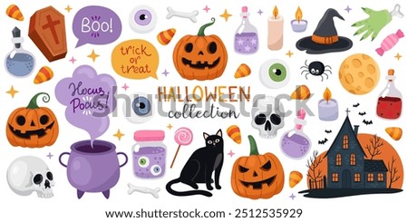 Big collection of magical Halloween illustrations. Elements for Halloween design. Pumpkins, black cat, skull, cauldron, witch hat, scary house, coffin, potion, candles, spider, candies, eyes.